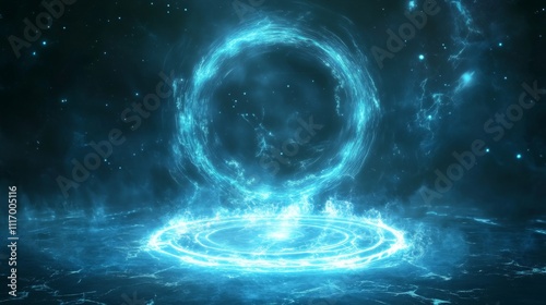 glowing energy portal sequence, neon blue vortex rings, floating light particles, dark space background, ethereal power streams, luminous circular platform, cosmic teleport effect, radiant spiral
