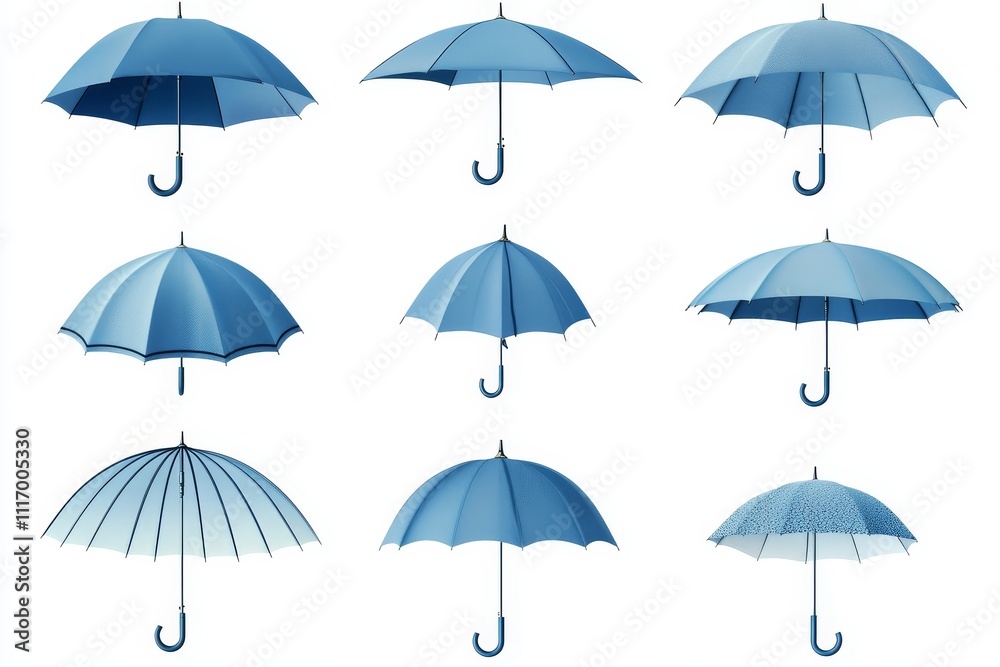 Nine blue umbrellas, closed, on a white background. Nine blue umbrellas, closed, on a white background.