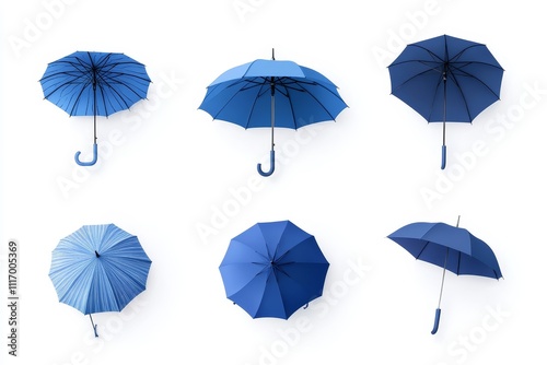 Six blue umbrellas in different positions against a white background.