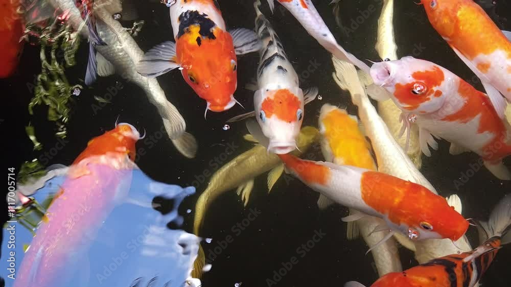Colorful Koi fish or Japanese Koi carp swimming in the healthy lake. 4k close-up footage.