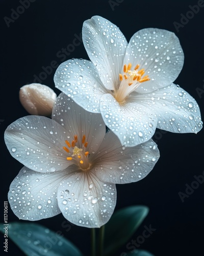 White flowers close up high contrast black background Agave amica Polianthes tuberosa delicate fresh dew droplets floral photo