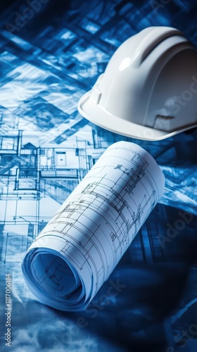 Construction materials including a hard hat and rolled blueprints.