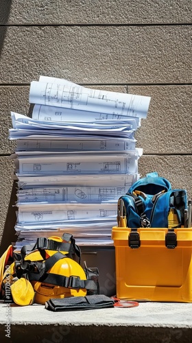 Construction materials including blueprints and safety gear.