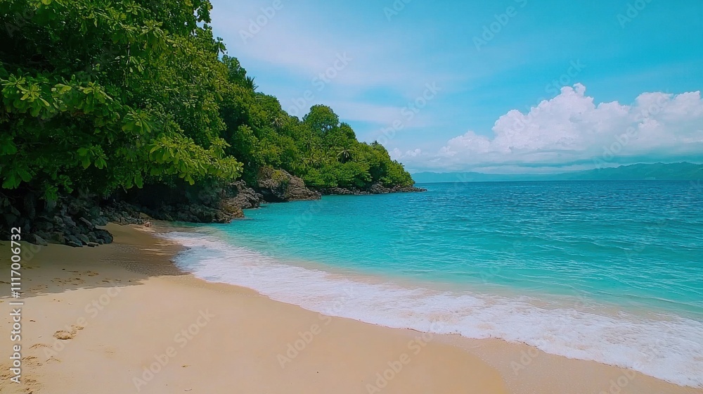 Tropical Paradise: Serene Beach with Rocky Coastline and Palm Trees Tropical Paradise: Serene Beach with Rocky Coastline and Palm Trees