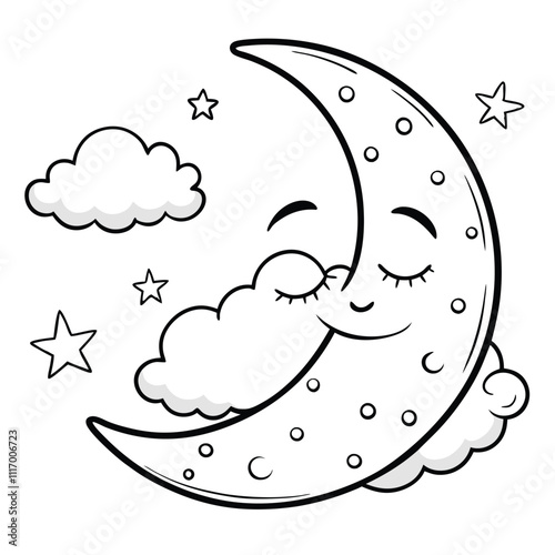 Peaceful Sleeping Crescent Moon Coloring Page for Kids