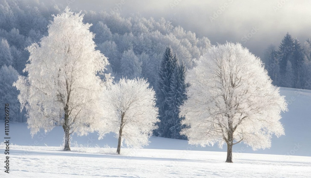 Frost-covered trees in a serene winter landscape. Frost-covered trees in a serene winter landscape.