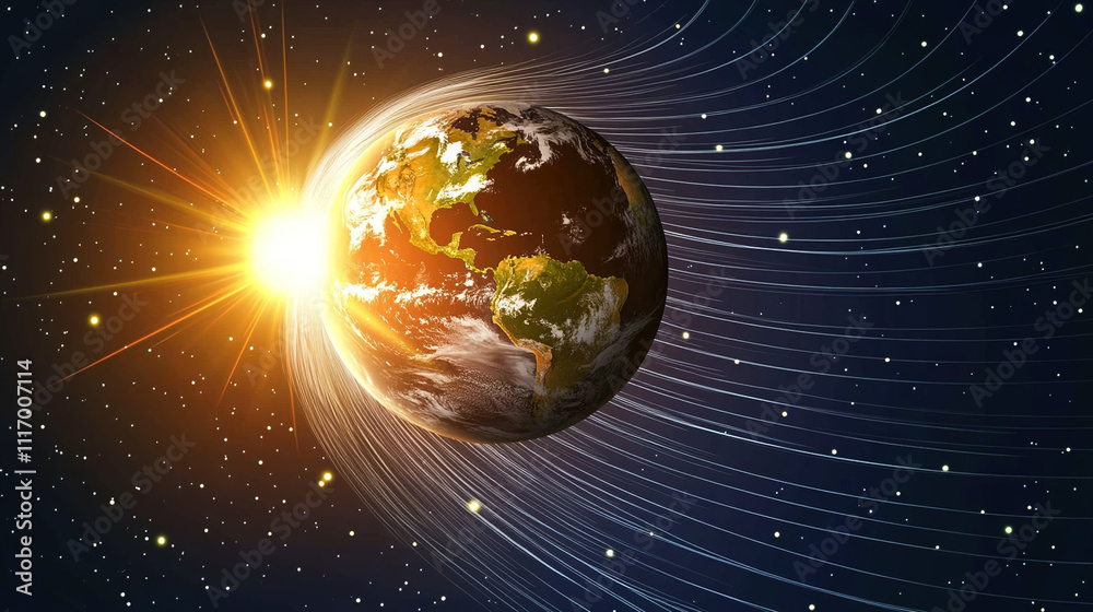 Fototapeta premium Earth axis diagram illustration showing the tilt of the Earth's rotational axis relative to its orbital plane, explaining the cause of seasonal changes and the distribution of sunlight.