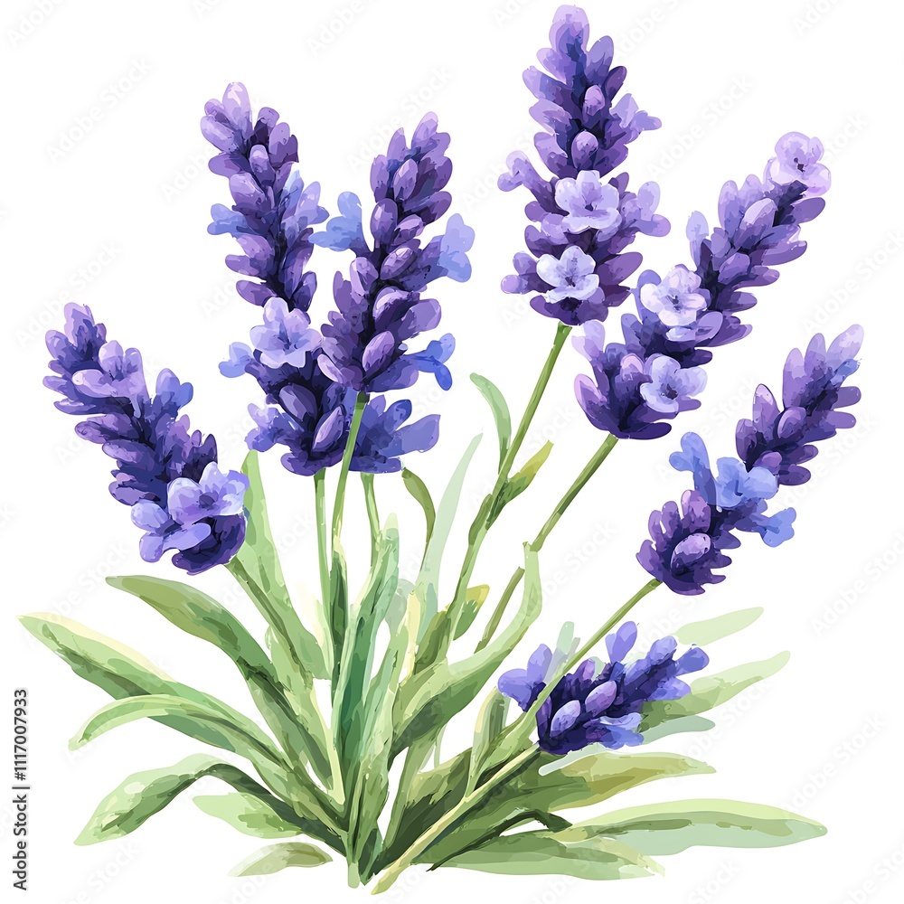 Obraz premium Watercolor illustration of lavender flowers on a white background, perfect for botanical, nature, or floral-themed designs.