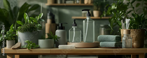 Serene Spa Bathroom Illustration: Green Plants and Bottles