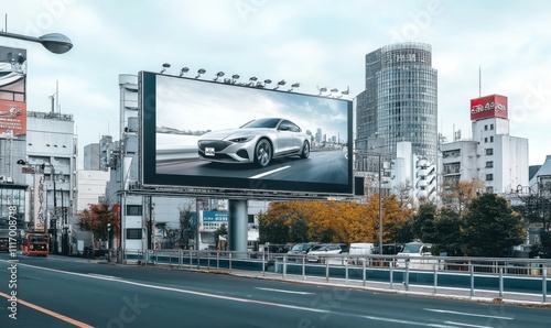 A digital billboard displays a silver car on a city street.