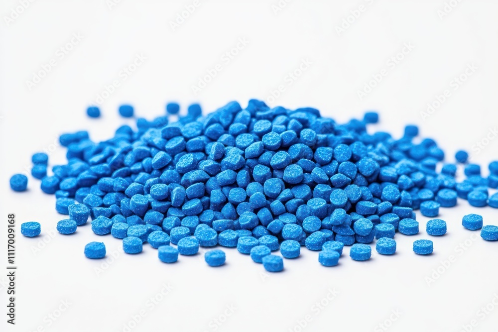Vibrant Blue Polymer Granules Close-Up on White Background with High-Key Lighting and Textural Contrast Vibrant Blue Polymer Granules Close-Up on White Background with High-Key Lighting and Textural Contrast