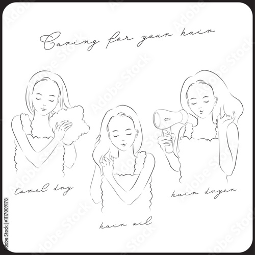 A woman drying her hair with a towel, a woman applying serum to her hair, a woman drying her hair with a hair dryer