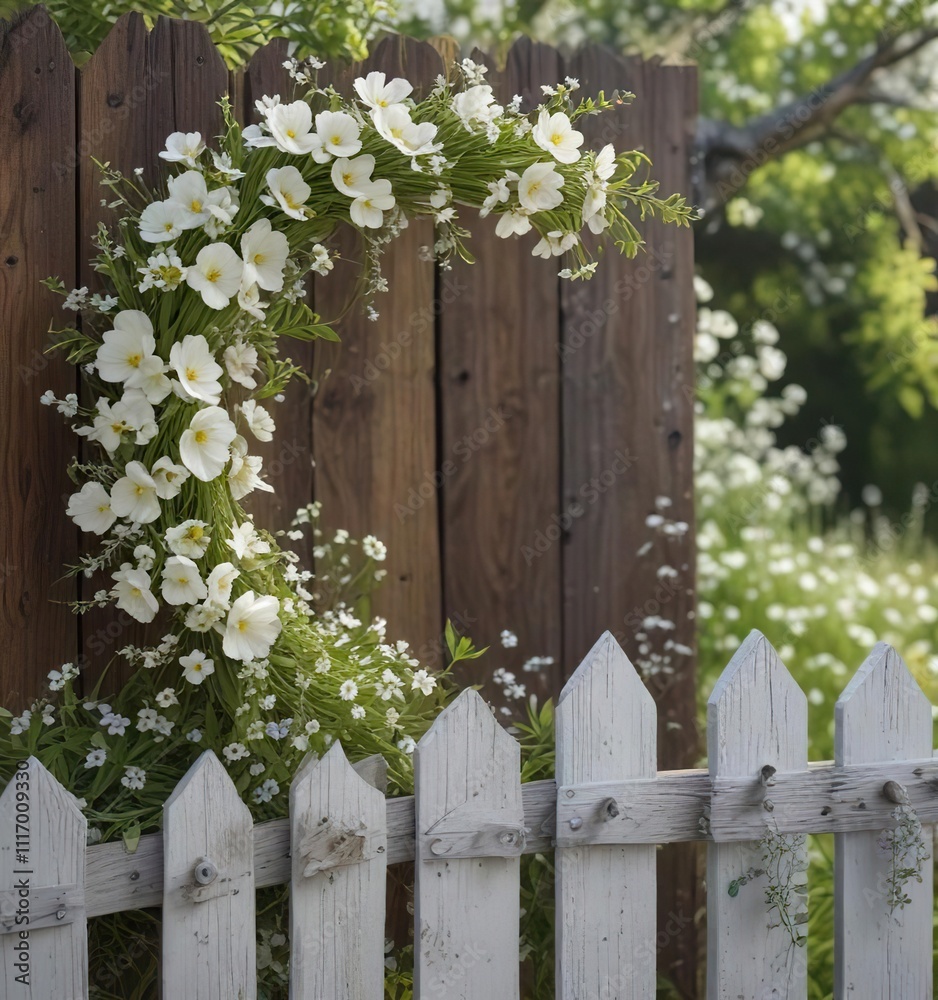 Fototapeta premium A delicate, white-colored floral wreath on a wooden fence with a sprinkle of spring flowers, white ribbon, natural elements, wooden fence