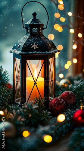 illuminated lantern with evergreen branches red ornaments