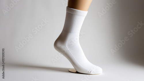 long sporty white sock in a single leg with grey background photo