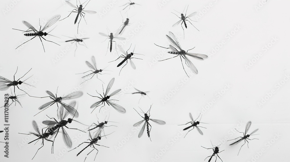 Flying Mosquitoes on White Background, Small Insects in Mid-air, Creating a Simple yet Intriguing Visual Scene. Flying Mosquitoes on White Background, Small Insects in Mid-air, Creating a Simple yet Intriguing Visual Scene.