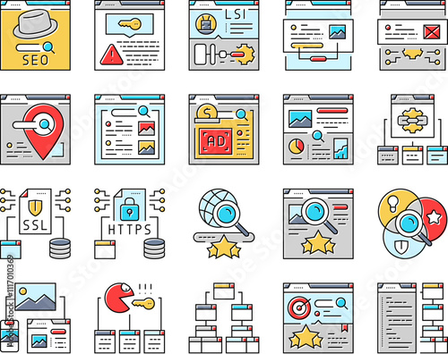 seo market rank search icons set vector. improve marketing, dashboard report, building result, top website, digital seo market rank search color line illustrations