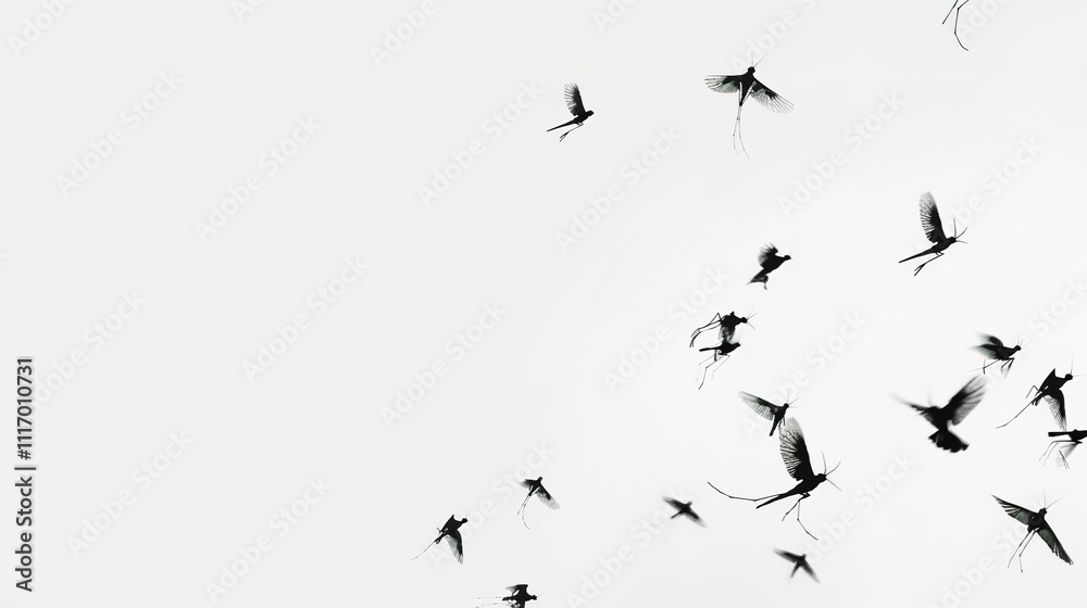 Obraz premium Flying Mosquitoes on White Background, Small Insects in Mid-air, Creating a Simple yet Intriguing Visual Scene.