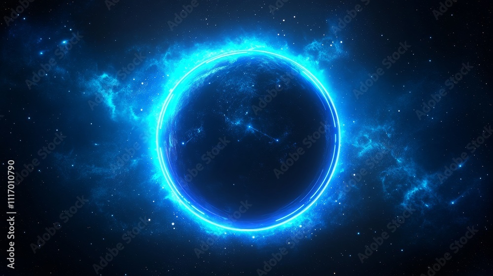 Fototapeta premium digital planet projection, advanced interface rings, luminous orbital circles, technological dots mapping, space noir background, neon blue emissions, symmetrical portal framework, futuristic earth