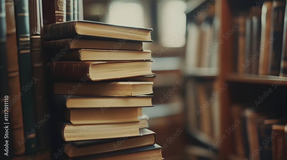 Exploring knowledge stacked books in a cozy library environment captured from a unique angle