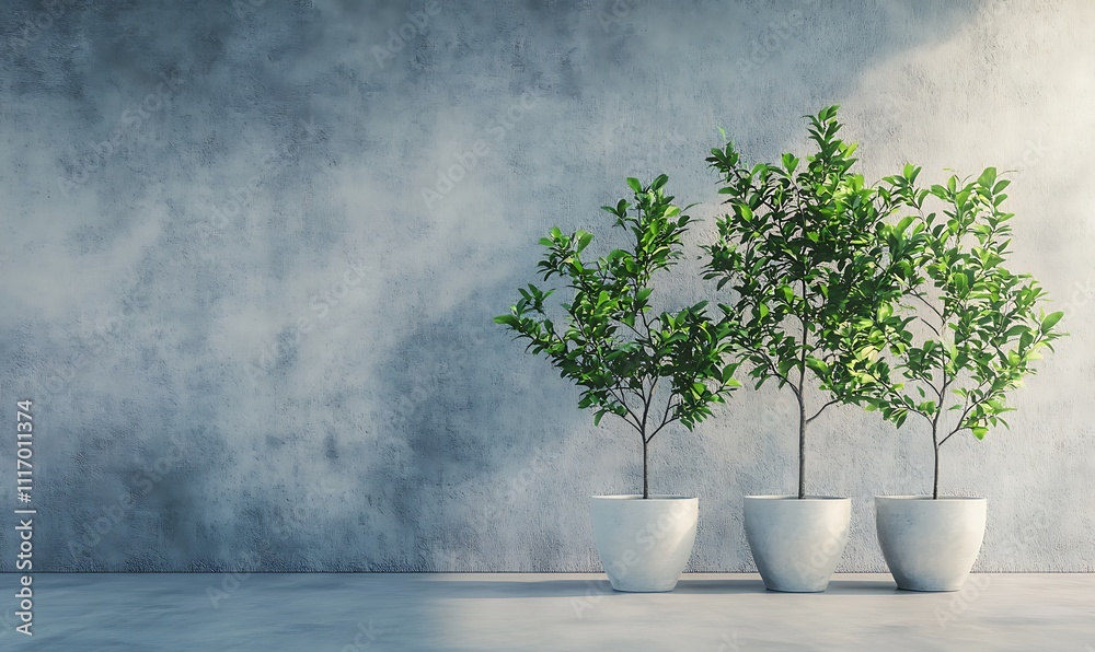 Three potted plants against a textured wall, creating a serene indoor atmosphere. Three potted plants against a textured wall, creating a serene indoor atmosphere.