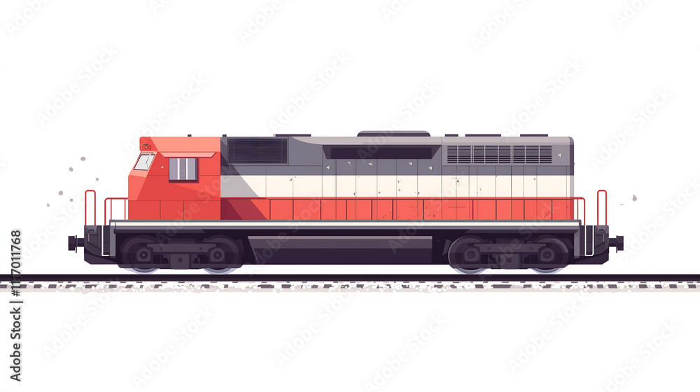 Vector flat style, white background, red and grey modern train on the track, on white background Vector flat style, white background, red and grey modern train on the track, on white background