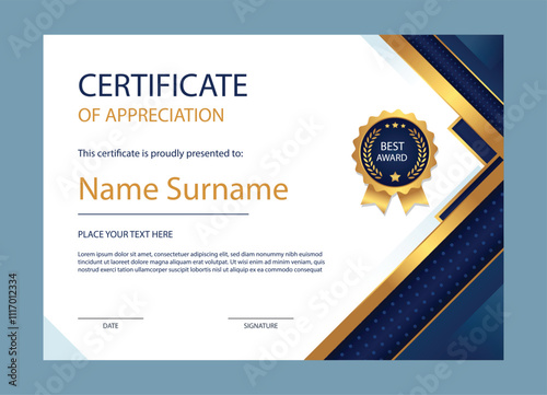 Certificate of appreciation template, gold and blue color. Clean modern certificate with gold badge. Certificate border template with luxury and modern line pattern. Diploma vector template