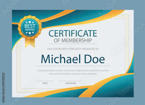 Certificate of appreciation template, gold and black color. Clean modern certificate with gold badge. Certificate border template with luxury and modern line pattern. Diploma vector template
