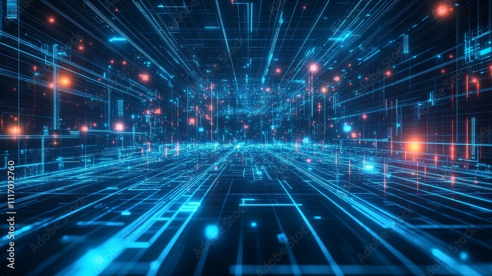 retro cyberspace perspective grid, neon blue matrix floor, infinite digital horizon, synthwave aesthetic environment, glowing wireframe landscape, starlit void background, retrowave geometric pattern