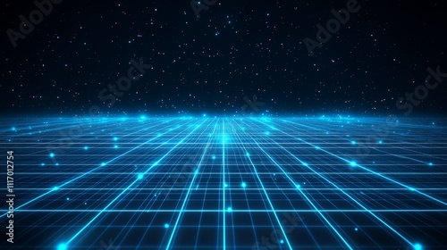 glowing geometric grid plane, neon perspective lines, digital horizon glow, synthwave space backdrop, retrowave wireframe ground, cyberpunk corridor, star-scattered background, luminous blue matrix