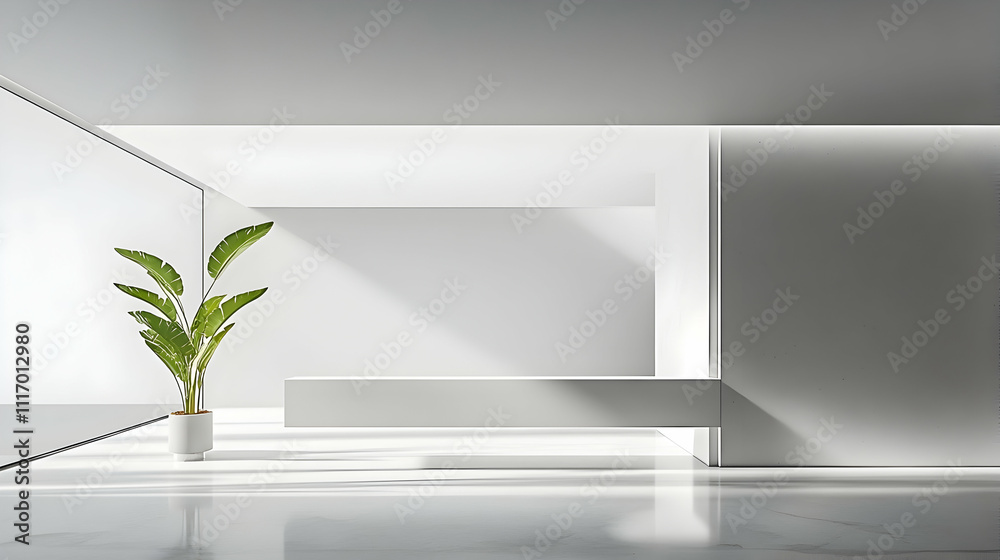 Obraz premium Minimalist white reception area with plant and large window.