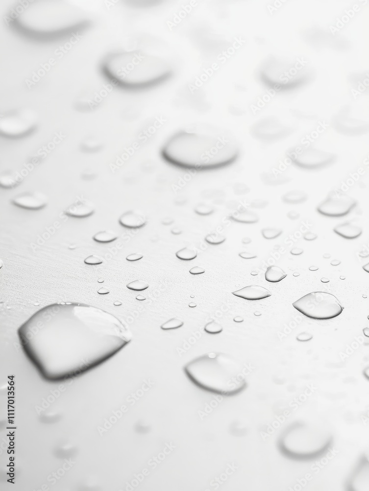 Close-up of water droplets scattered on a white surface. - ai