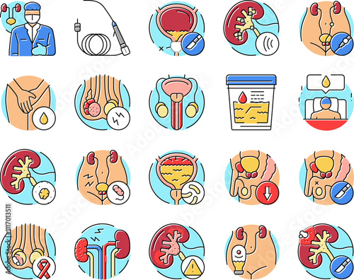 urology prostate urinary kidney icons set vector. bladder human, men cancer, urologist renal, tract stone, cystitis doctor, nephrology urology prostate urinary kidney color line illustrations
