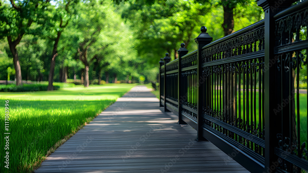 A serene park pathway lined with lush greenery and a decorative black fence, creating a tranquil outdoor atmosphere A serene park pathway lined with lush greenery and a decorative black fence, creating a tranquil outdoor atmosphere