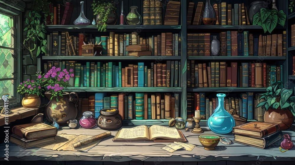 A whimsical study filled with books, potions, and plants. A whimsical study filled with books, potions, and plants.