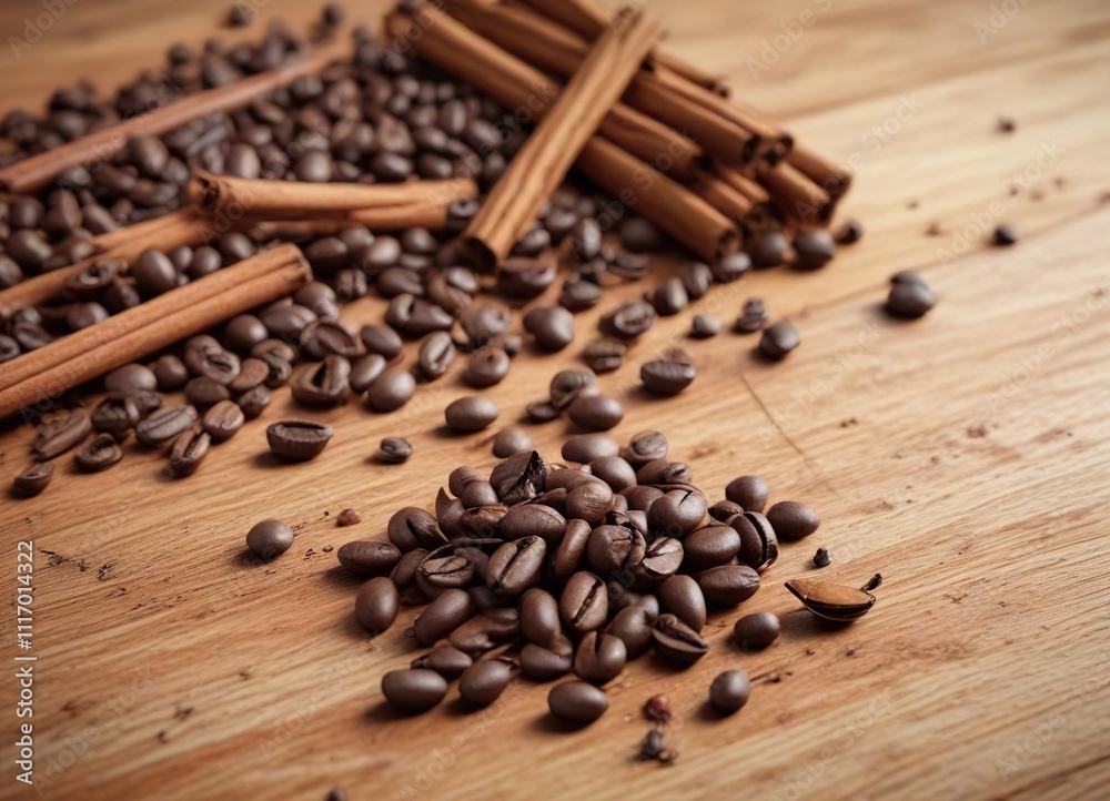 Coffee beans scattered on a wooden table with a cinnamon stick nearby, wood, desk Coffee beans scattered on a wooden table with a cinnamon stick nearby, wood, desk