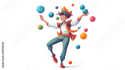 a 2D cartoon illustration of a street performer juggling, skillful and fun, white background--ar 16:9