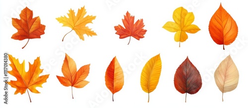 Collection of 12 assorted colorful autumn leaves isolated on white background.