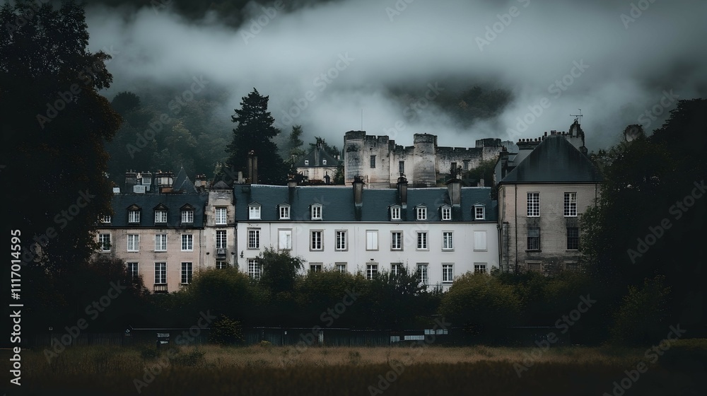 Obraz premium Misty morning view of a historic building complex nestled among lush greenery.