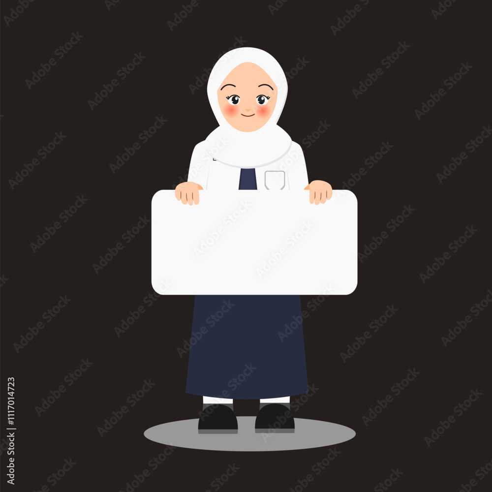 Illustration of pretty girl wearing indonesian junior high school student holding blank board Illustration of pretty girl wearing indonesian junior high school student holding blank board