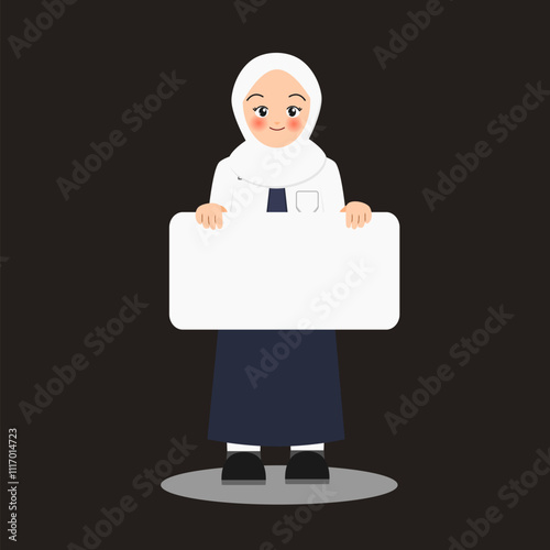 Illustration of pretty girl wearing indonesian junior high school student holding blank board