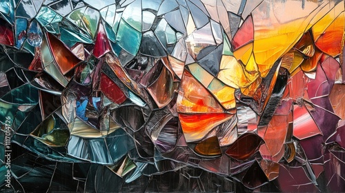 A fragmented, abstract mural that looks like shattered glass, reflecting distorted images of the urban environment. photo