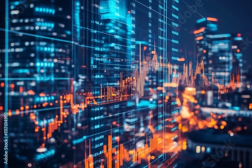 Wallpaper Mural futuristic city building with glowing lines and candlestick showing a chart from trading, investing and cryptocurrency market Torontodigital.ca