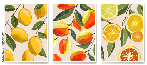 Art background with citrus fruits mango, orange, lemon in watercolor style. Botanical fruit poster set for decor, print, textile, packaging, wallpaper, interior, cover.