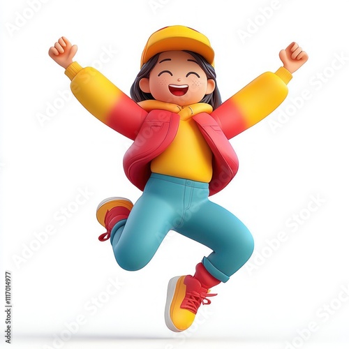 Happy cartoon girl jumping in blue t-shirt red jeans cap sneakers yellow socks cheerful playful character vibrant 3D illustration