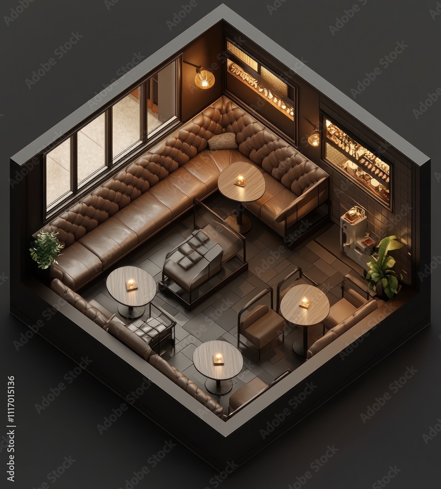 3D isometric view of a modern cafe with leather seating, tables, and overhead lighting. 3D isometric view of a modern cafe with leather seating, tables, and overhead lighting.