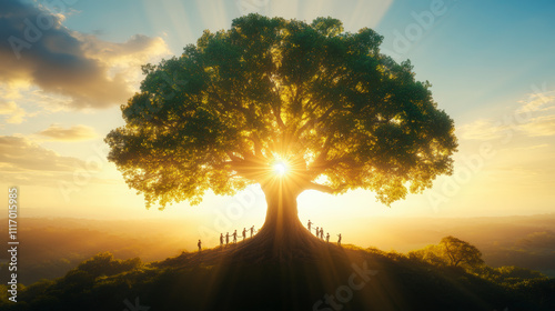 Team Leadership : A majestic tree on a hilltop radiates sunlight, with silhouettes of people standing beneath it, basking in the warm, golden glow.