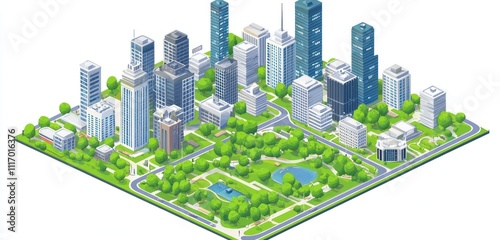 3D city layout with roads, buildings, and greenery in a clean, modern design.