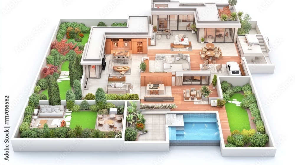 Fototapeta premium 3D rendering of a spacious home layout with pool and landscaped garden areas.