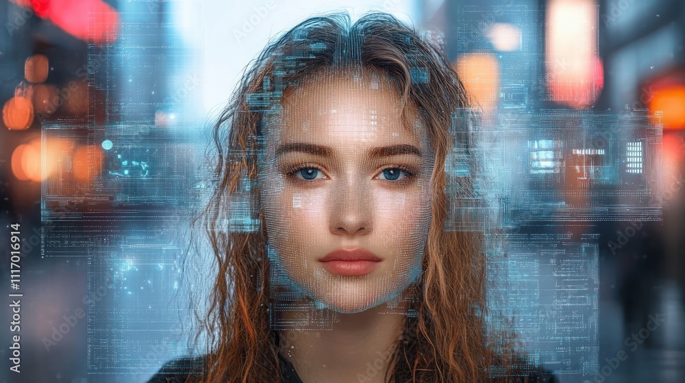 Futuristic Digital Portrait with Face Recognition Overlays and Cyberpunk City Background Futuristic Digital Portrait with Face Recognition Overlays and Cyberpunk City Background